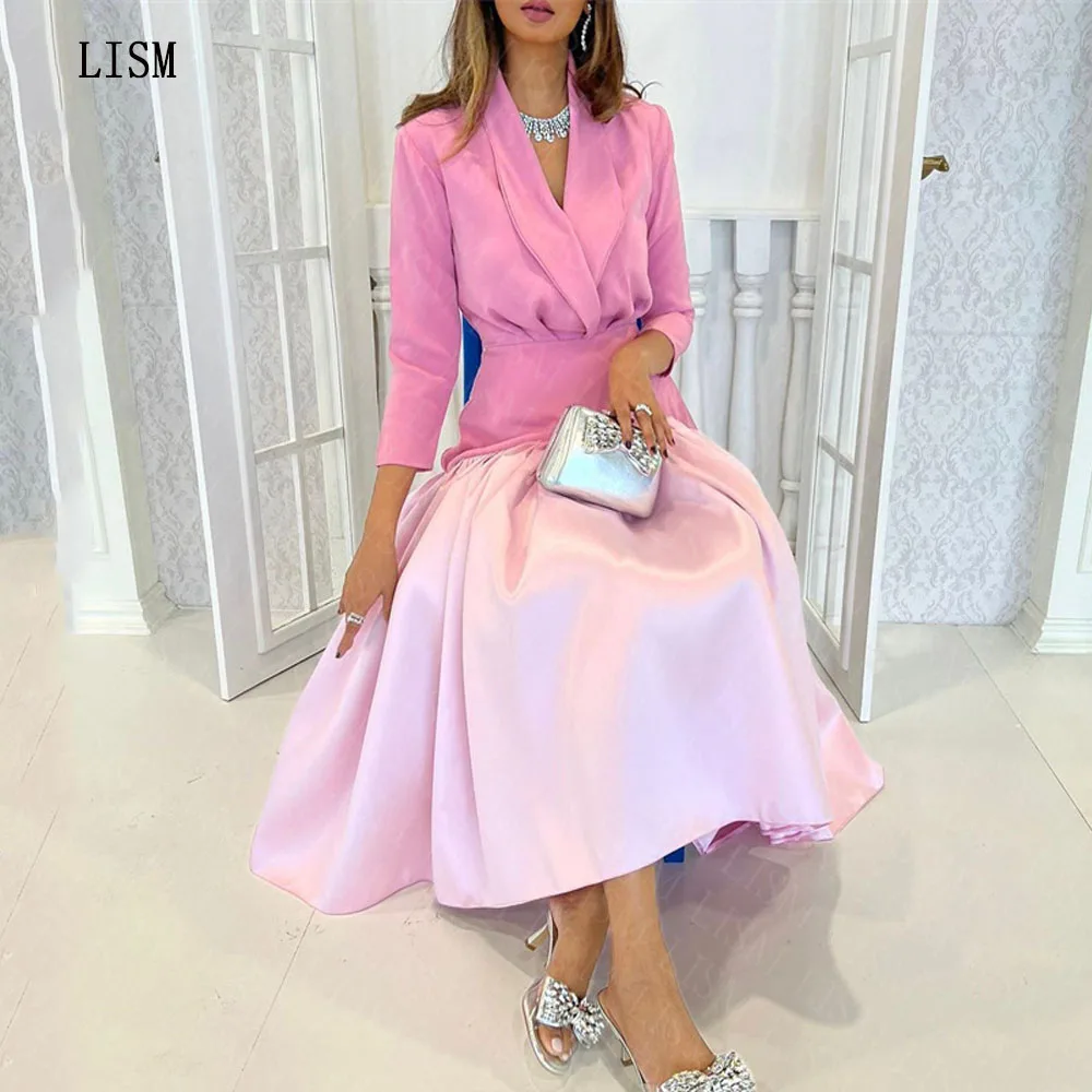 

LISM A-line Pink V-neck Satin Elegant Formal Evening Party Dresses Tea-length 2023 Full Sleeves Classy Saudi Arabic Prtom Gowns