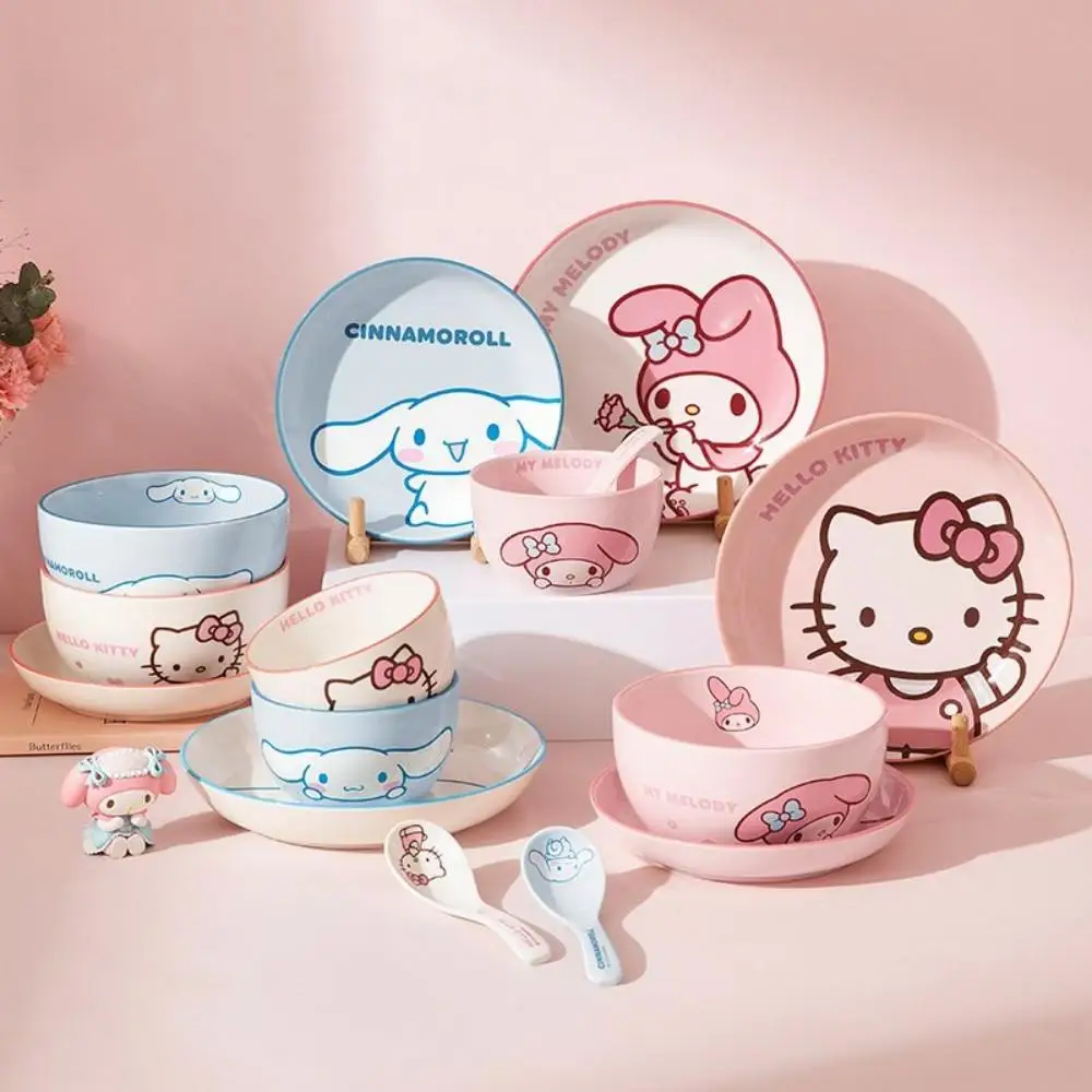 

Sanrio Kawaii Hello Kitty My Melody Cinnamoroll Мультяшные керамические Столовые приборы мультяшная Милая Студенческая ложка для супа миска палочки тарелка