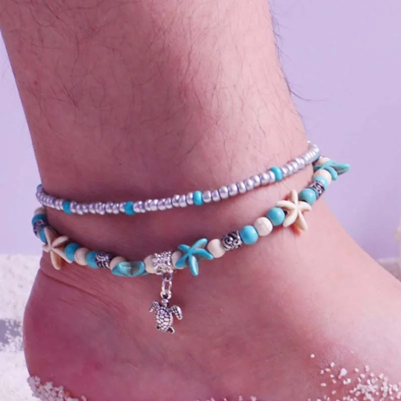 

Turtle Anklets for Women Bohemian Multi Layer Starfish Beads Anklet Summer Beach Barefoot Sandals Ankle Bracelets on foot AM4266