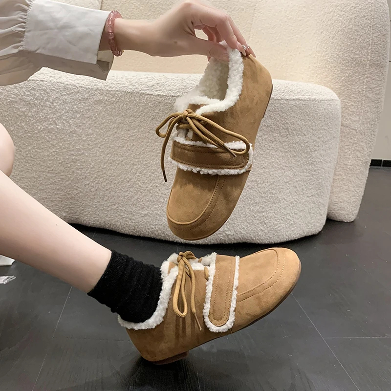 

Туфли женские с мехом на низком каблуке, мягкие лоферы, Классическая базовая обувь из флока, на резиновой подошве, с перекрестной шнуровкой, ...