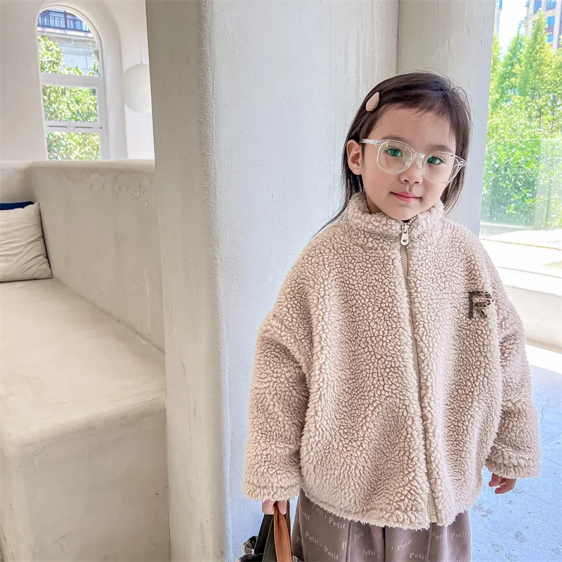 

Girl Casual Solid Lambswool Thick Coat New Winter Outwear Baby Boy Letter Padded Jacket Zipper Plush Cardigan Children Zip Shirt