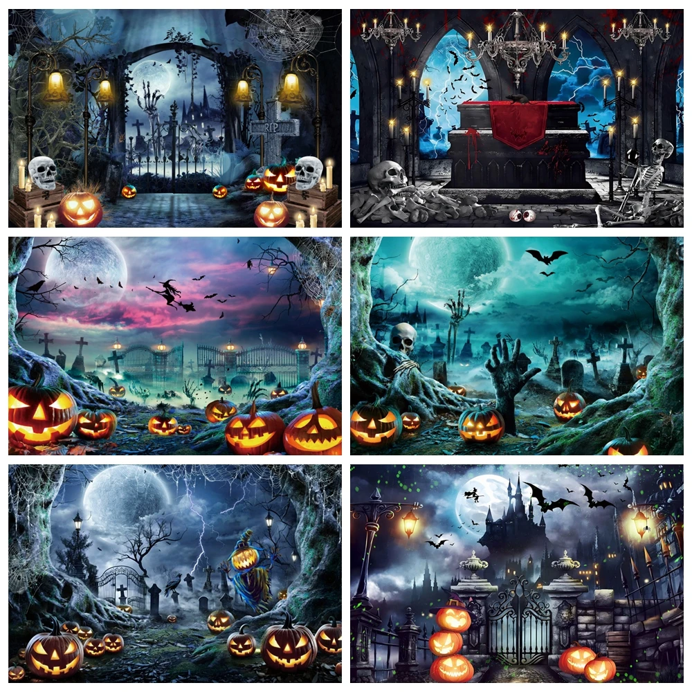 

Halloween Backdrop for Photography Horror Moon Night Scary Grave Ghost Skull Witch Castle Halloween Party Photo Background Decor