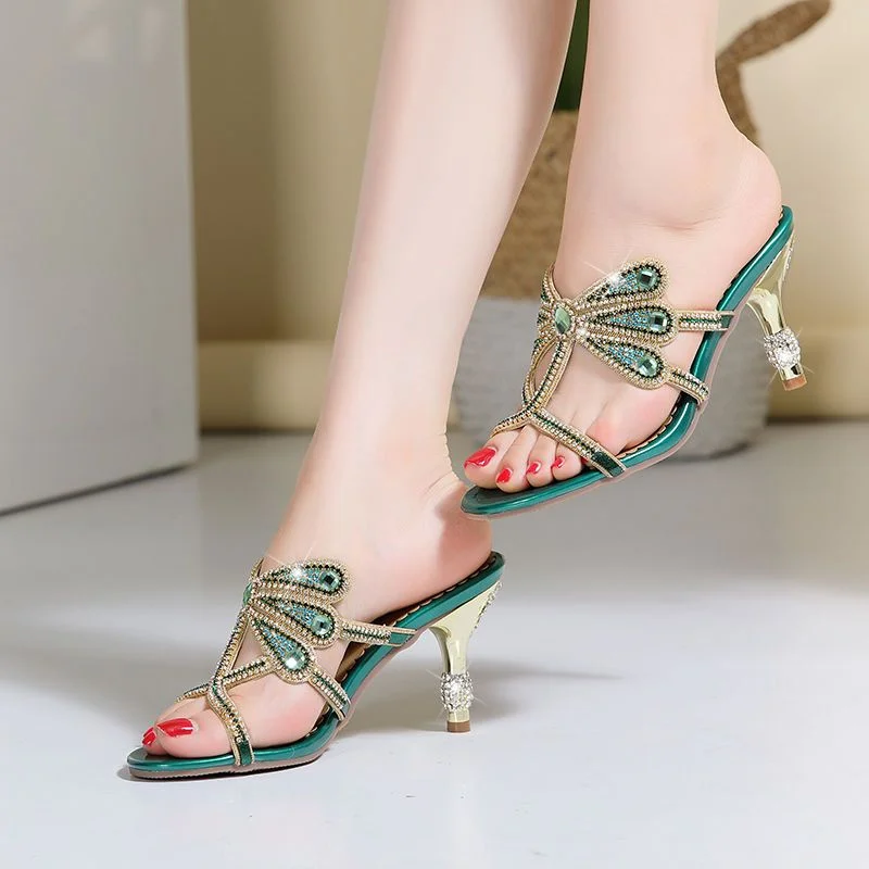 Summer Rhinestone Sandals Genuine Leather Glitter Women Open Toe Sandals High Heels Party Shoes Gladiator Sandals Wedding Shoes