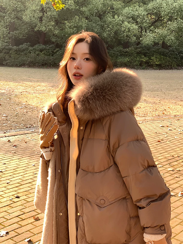 Пуховик с большим лисьим меховым воротником зимняя мода свободный пуховик