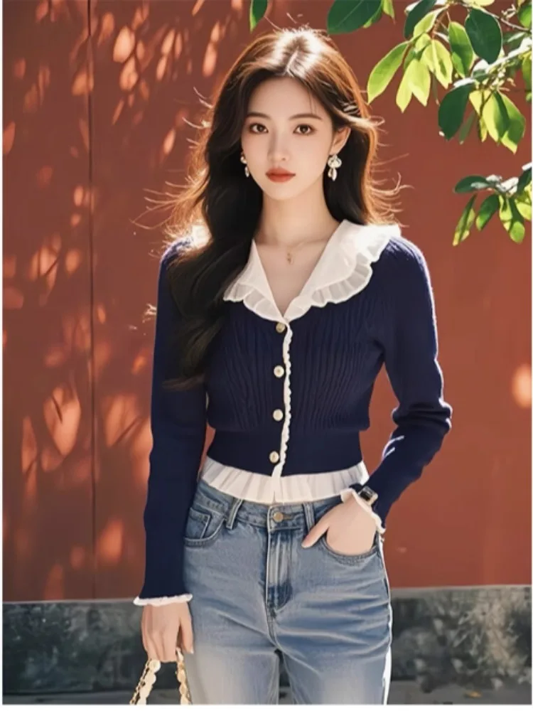 Вязаный женский 2024 новый весенне-осенний укороченный свитер с длинными рукавами