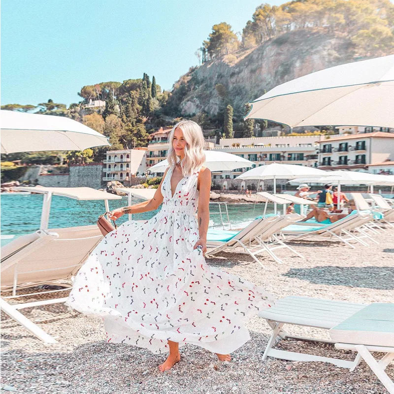 

Платье Wepbel женское с глубоким V-образным вырезом, топ без рукавов с широкой юбкой, облегающее приталенное пляжное сарафан-трапеция с принтом