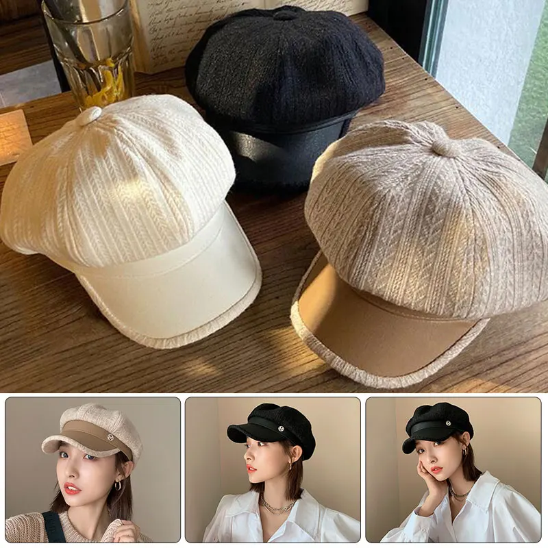 

Pu Leather Beret Autumn Winter Korean Version Retro Letters Striped Star Anise Newsboy Painter Hat Fashion Stitching Peaked Cap