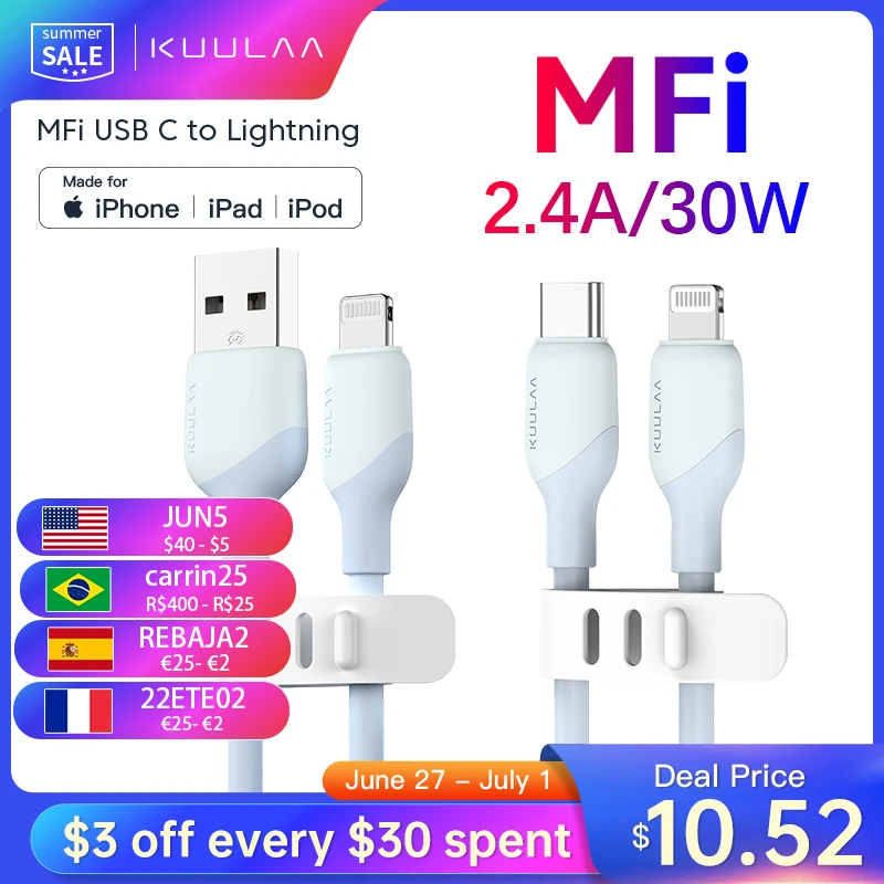 

KUULAA USB C Cable PD30W MFi Certified For iPhone 11 12 13 AirPods iPad Fast Charging USB C to Lightning Cable Silicone USB