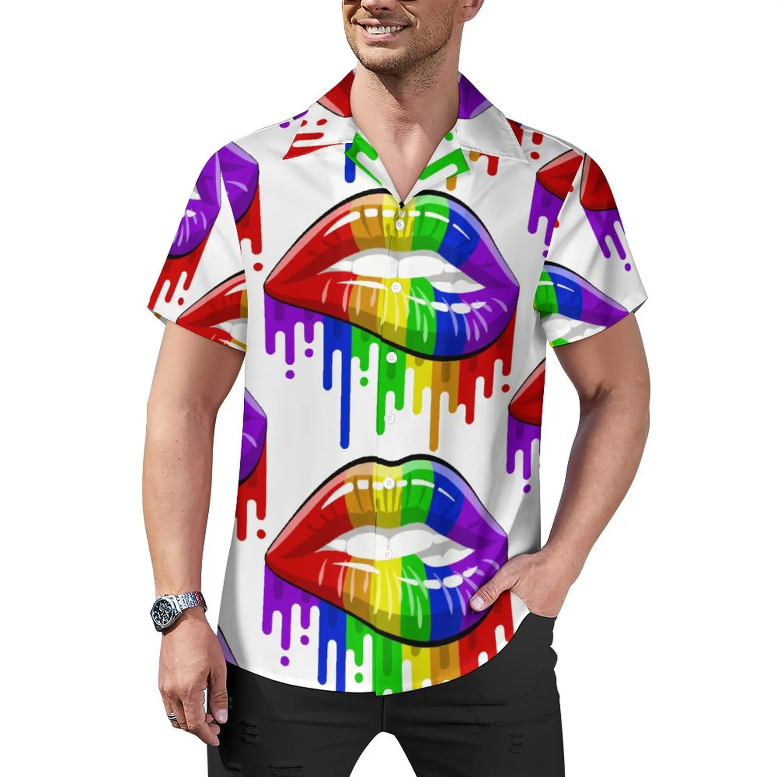 

LGBT Lips in Rainbow Flag Colours Loose Shirt Male Beach Pride Casual Shirts Hawaii Custom Short Sleeve Fashion Oversize Blouses