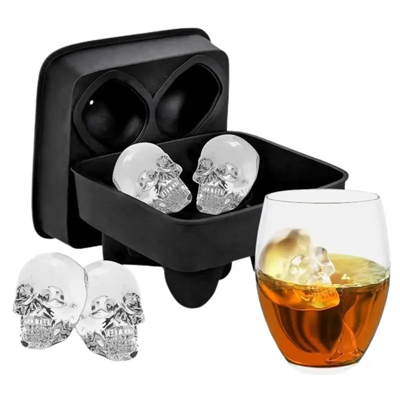 

3D Skull Ice Mold Silicone Ice Cube Tray With 4 Grids For Whiskey Bourbon Cocktails Beer Fruit Drinks Ice Cube Maker Mold