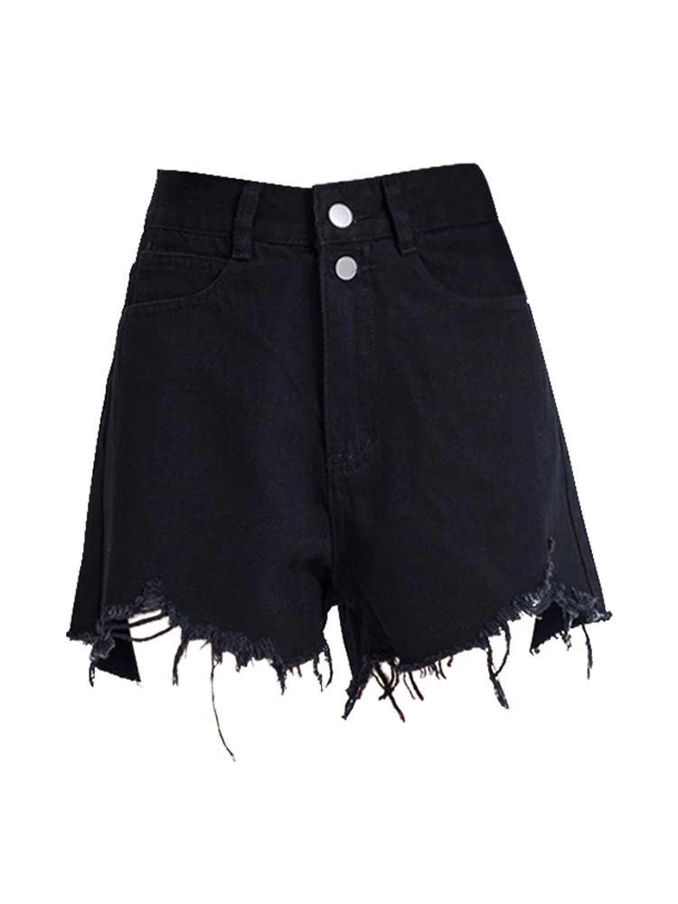 

Sexy Tide Denim Shorts For Women Raw Edge Hight Waist Black New Summer Fashion Tassel Hem Design Wide Leg Harajuku Y2k Gothic