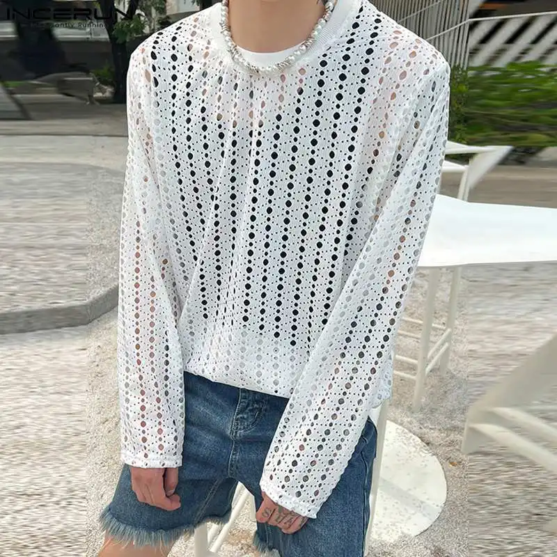 

Handsome Well Fitting Tops INCERUN Men Loose O-Neck Hollow Out T-shirts Casual Fashionable Male Solid Long Sleeve Camiseta S-5XL