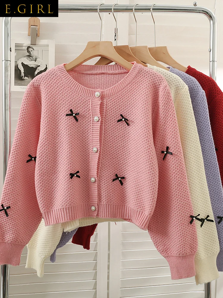 E GIRLS O-neck Fashion Knitted Cardigan Women Sweater Coat Pull Femme Sweet  Bow Patch Kardigany Tops Kardigan Damski Korean