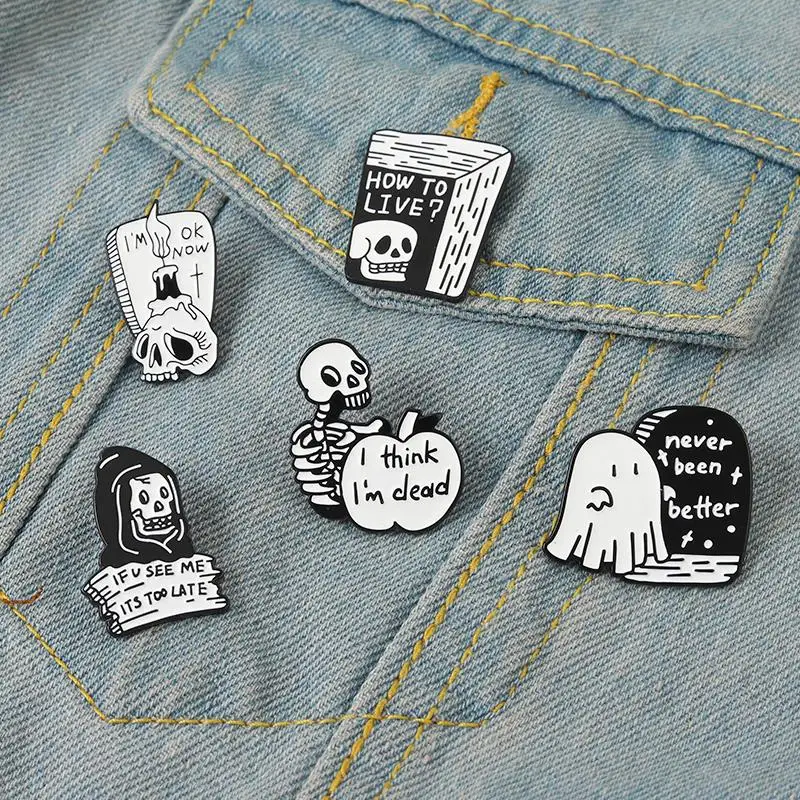 

10 PCS / LOT Black Humor Enamel Pins Custom Boo Ghost Quotes Brooches I Think I'm Dead I'M OK NOW Lapel Badges Gothic Punk