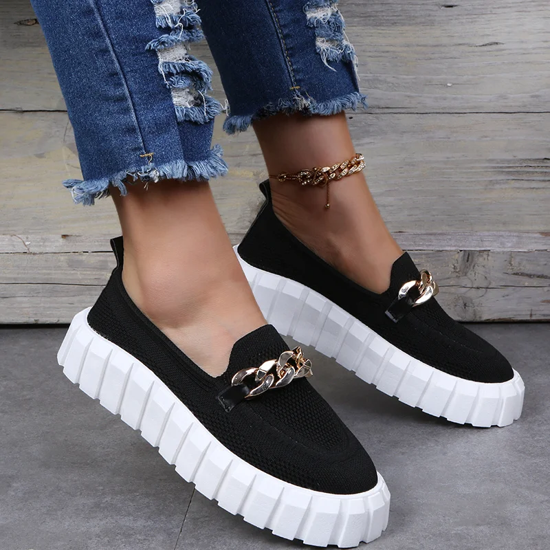 

Shoes Woman Spring Summer 2022 Knit Mesh Breathable Tennis Female Women's Sneakers Flats Metal Chain Casual Ladies Slip-on Shoes