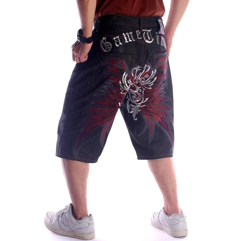 Men's Wide Leg Denim Shorts Loose Straight Skating Pants Embroidered Hip Hop Crop Jeans Plus Size