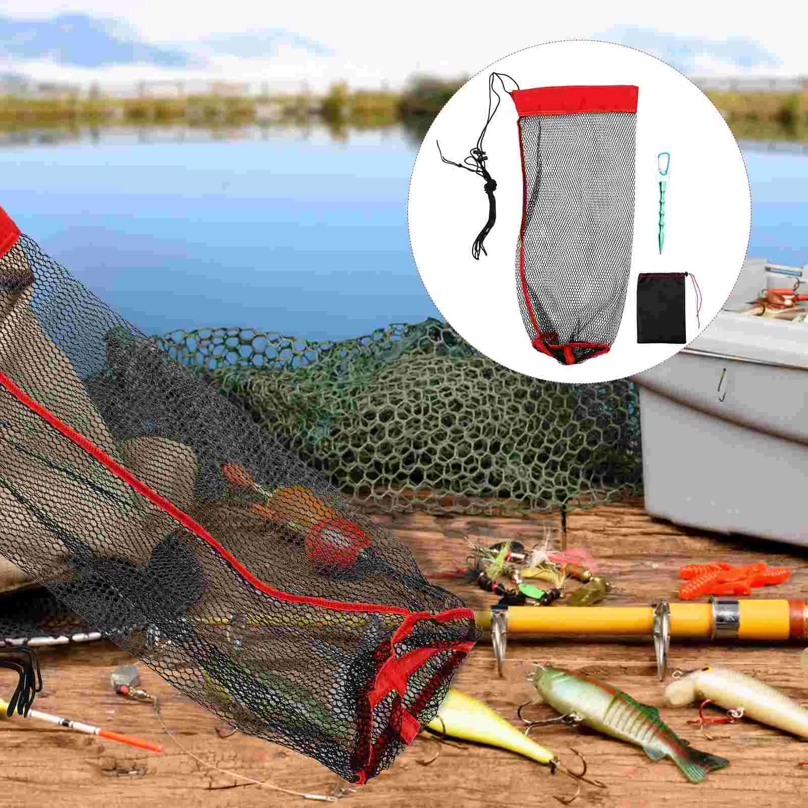 

1 Set Portable Fishing Net Diving Fish Net Bag Drawstring Fish Catching Net with Ground Insert