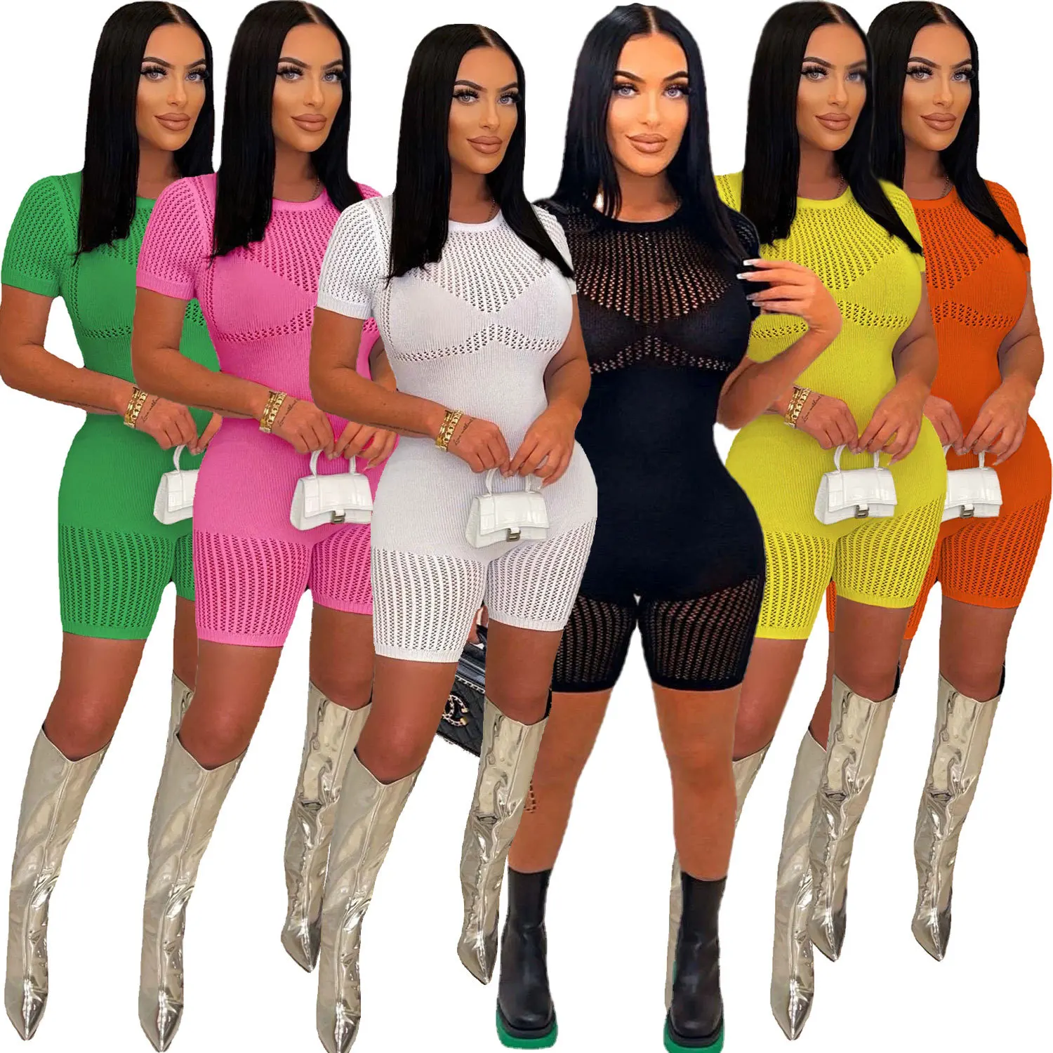 Knitted Jumpsuits for Women Sexy Zipper O Neck Short Sleeve Workout Slim Playsuits Highly Stretchy Casual Yoga One Piece Romper