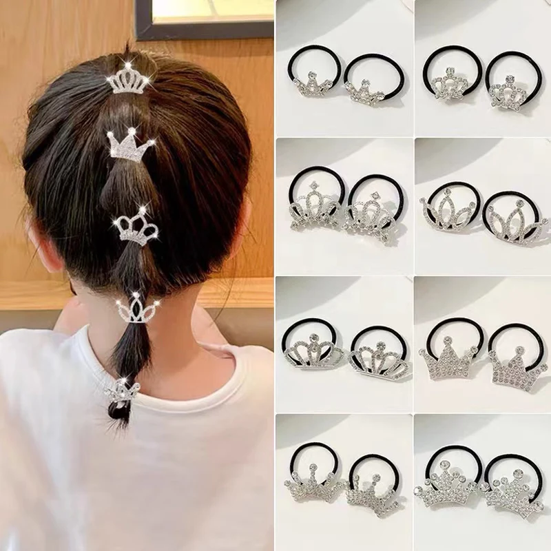 

2PCS/Set Kids Rhinestones Crown Elastic Hair Bands Girls Rubber Bands Hair Rope Ponytail Hold Hair Tie Fashion Hair Accessories