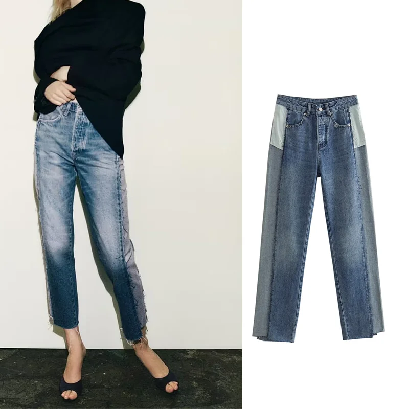 

TRAF ZR Women's Jeans New in Y2k Streetwear Baggy Spliced High Waist Straight leg pants Boyfriend Jeans for Womens Summer Pants