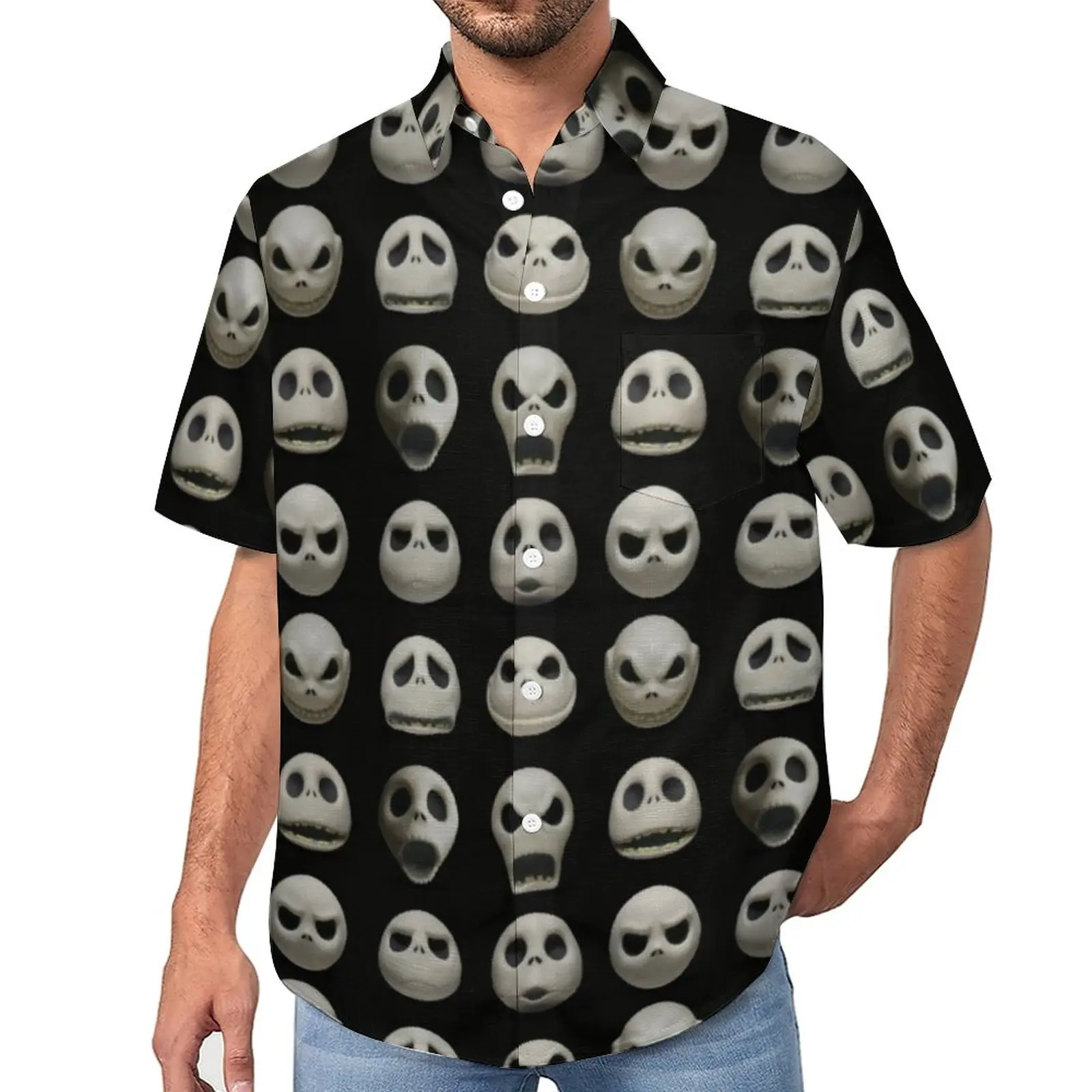 

Spooky Halloween Blouses Men Many Faces of Skull Casual Shirts Hawaii Short Sleeve Custom Cool Oversize Beach Shirt Gift Idea