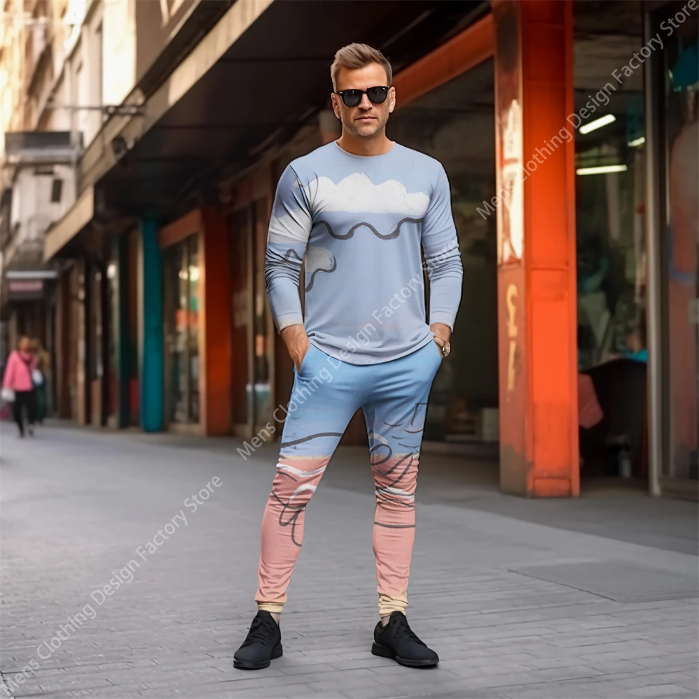 2023 New Men's Sweat-Shirt Set Tracksuit Men Fashion Casual Long Sleeve T-shirt+Pants Clothes For Men Retro Print Men's Clothing