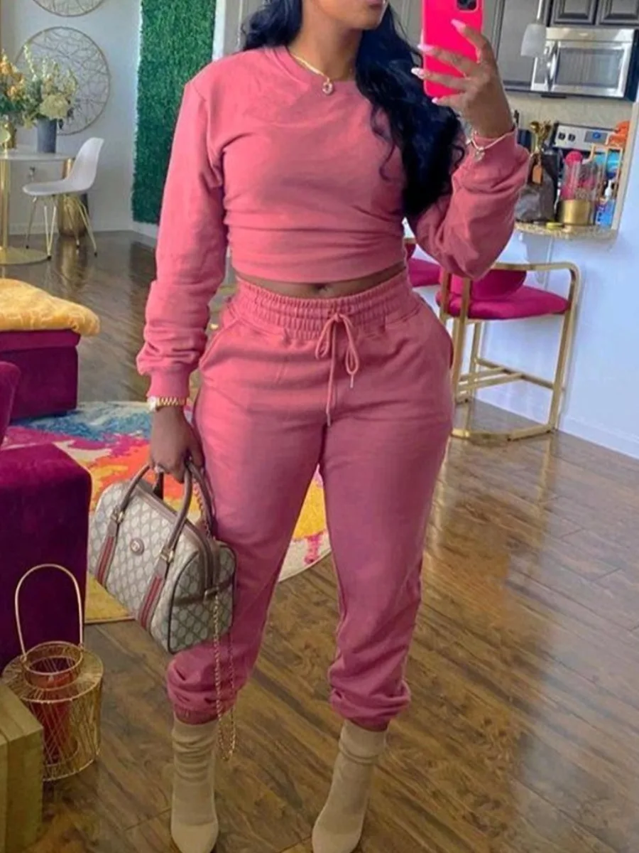 LW Plus Size Basic 2PC Autumn Winter Round Neck Drawstring Pants Set Long Sleeve O Neck Top+Drawstring Trousers Matching Outfits