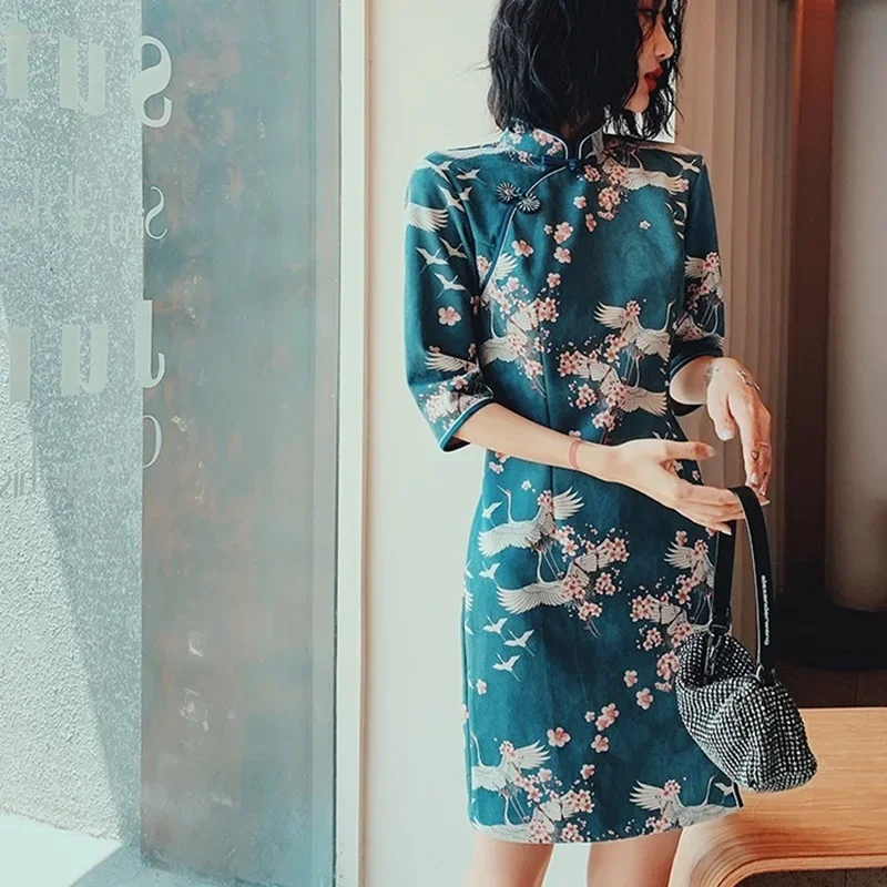 Китайское платье-Ципао с принтом журавлей традиционное китайское платье осенняя