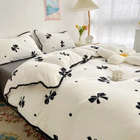 winter thick printed milk velvet bed four piece coral flannel duvet cover double sided plus velvet bed linen bed skirt bed cover