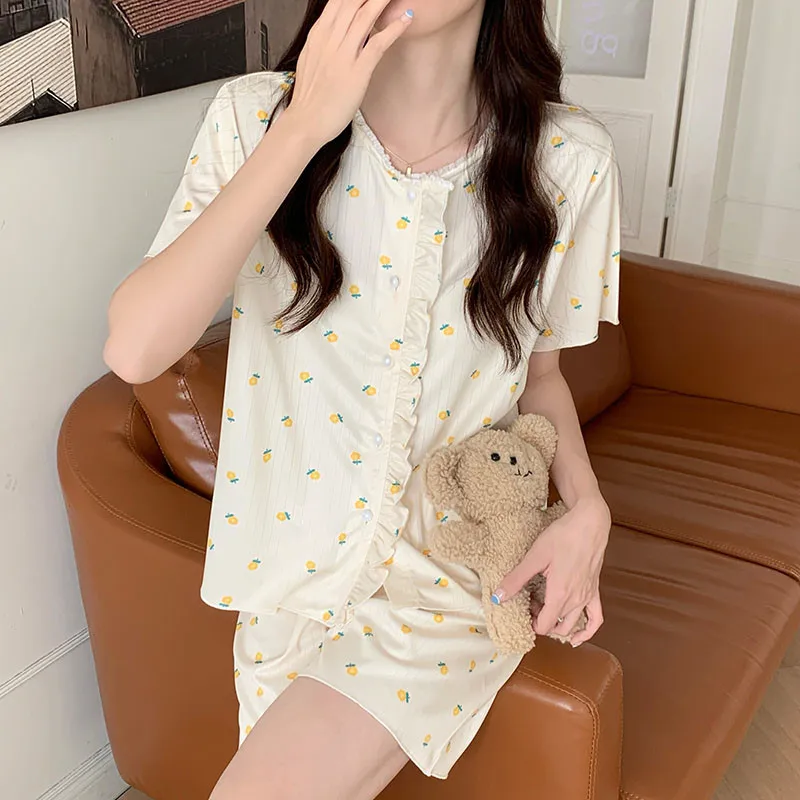 CAIYIER 2022 Korean Pajamas Set For Women Summer Flower Grils Sleepwear Sweet Cherry Female Nightwear Kawaii Leisure Home Suit