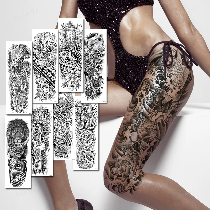 large waterproof temporary tattoo sticker black thigh leg sexy body art decal fake tattoos for adult men women tatoo arm sleeve