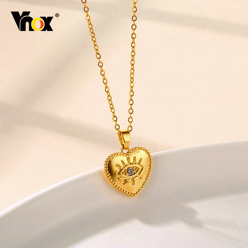 

Vnox Bling AAA CZ Stone Eye Charm Necklaces for Women Jewelry, Gold Color Stainless Steel Love Heart Collar Gift