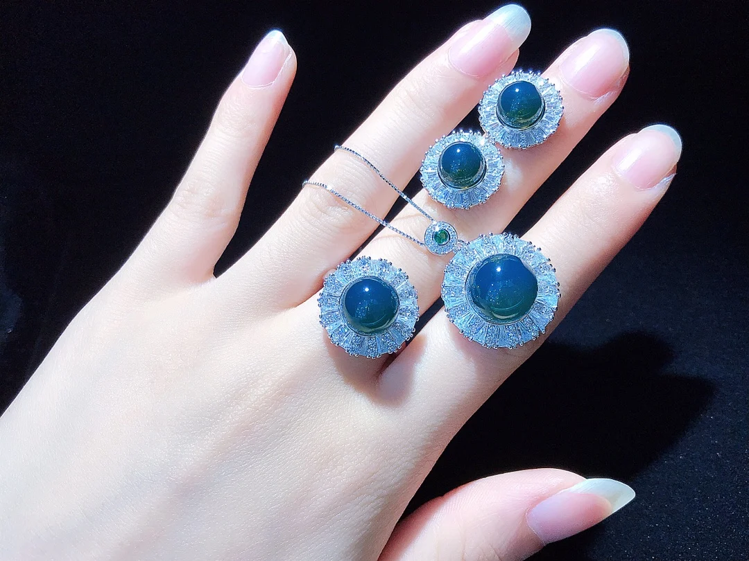 

Natural Blueberry Women's Jewelry Pendant Earrings Ring Set Adjustable Size Amber S925 Silver Anillos Oorbellen Bijoux Femme
