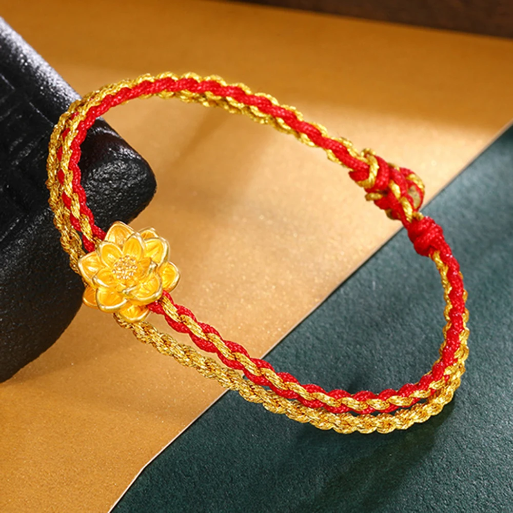 

Real 24K Yellow Gold Lotus Flower Bracelet Red and Golden Cord Adjustable 6.3" - 9.0"