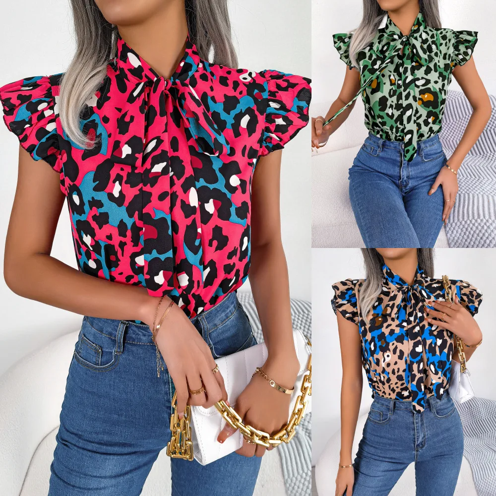 

Women Leopard Print Wooden Ear Lace Up Chiffon Shirt Top
