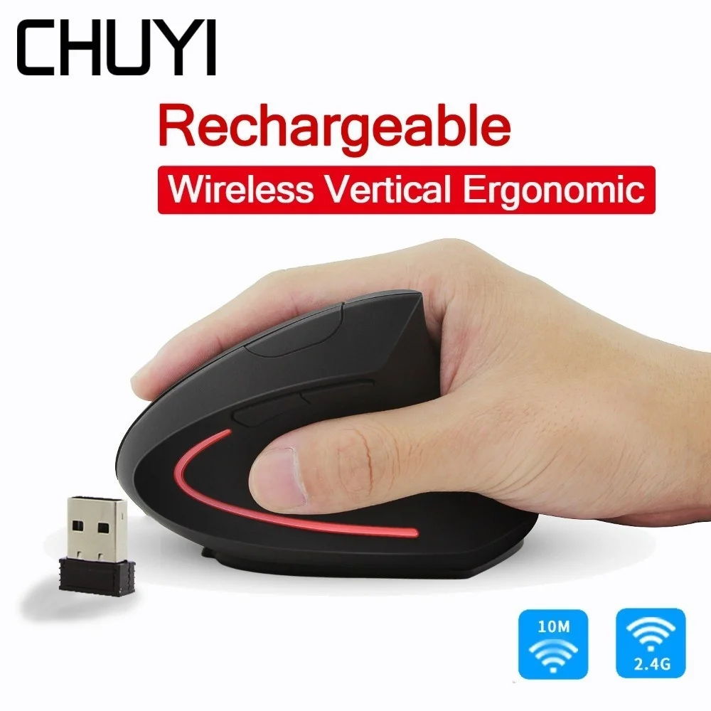 

CHUYI Wireless Mouse Vertical Rechargeable 2.4G USB Ergonomic Optical Left Hand Mice With Adjustable 1600DPI For Gamer Laptop PC