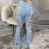 plus size s 3xl sexy nightclub women ripped jeans blue black hollow out tassels plus size indie high elastic denim flared pants
