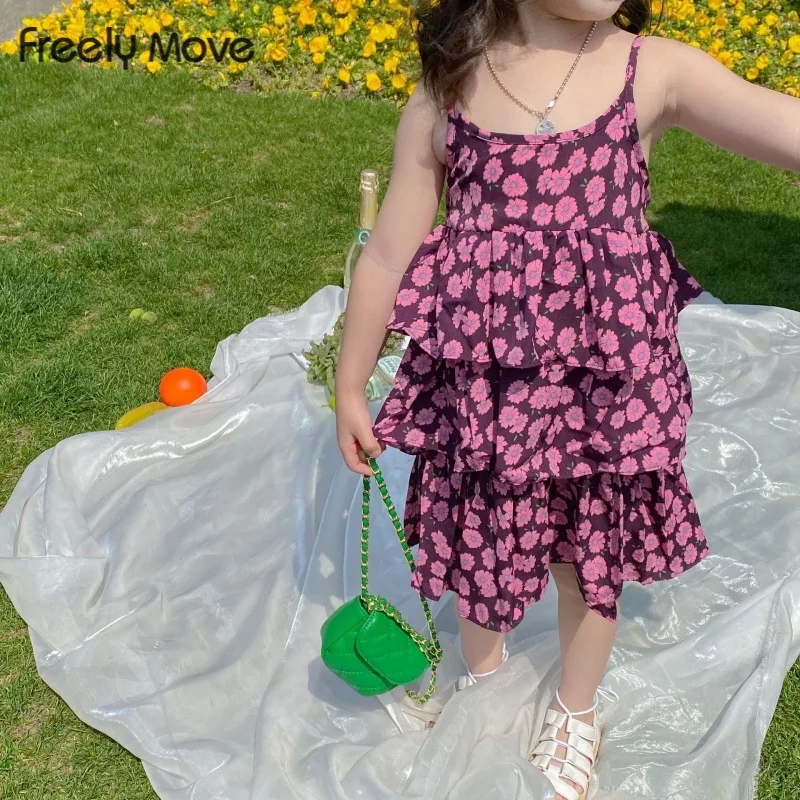 

Freely Move Girls Dresses 2022 Summer Teenagers Floral Sling Princess Dress Elegant Children Clothes Girl Cake Dress Kids Outfit