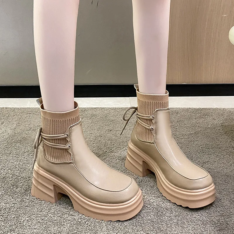 

Shoes White Ankle Boots Lace Up Round Toe Boots-Women Low Rubber Rock Ladies High Heel Black Leather 2022 Microfiber Solid Basic