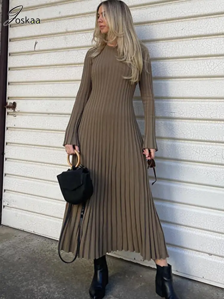 

Женское трикотажное платье-трапеция Joskaa, облегающее платье макси в рубчик с длинным рукавом и круглым вырезом, осень 2023, элегантное шикарное вечерние платье