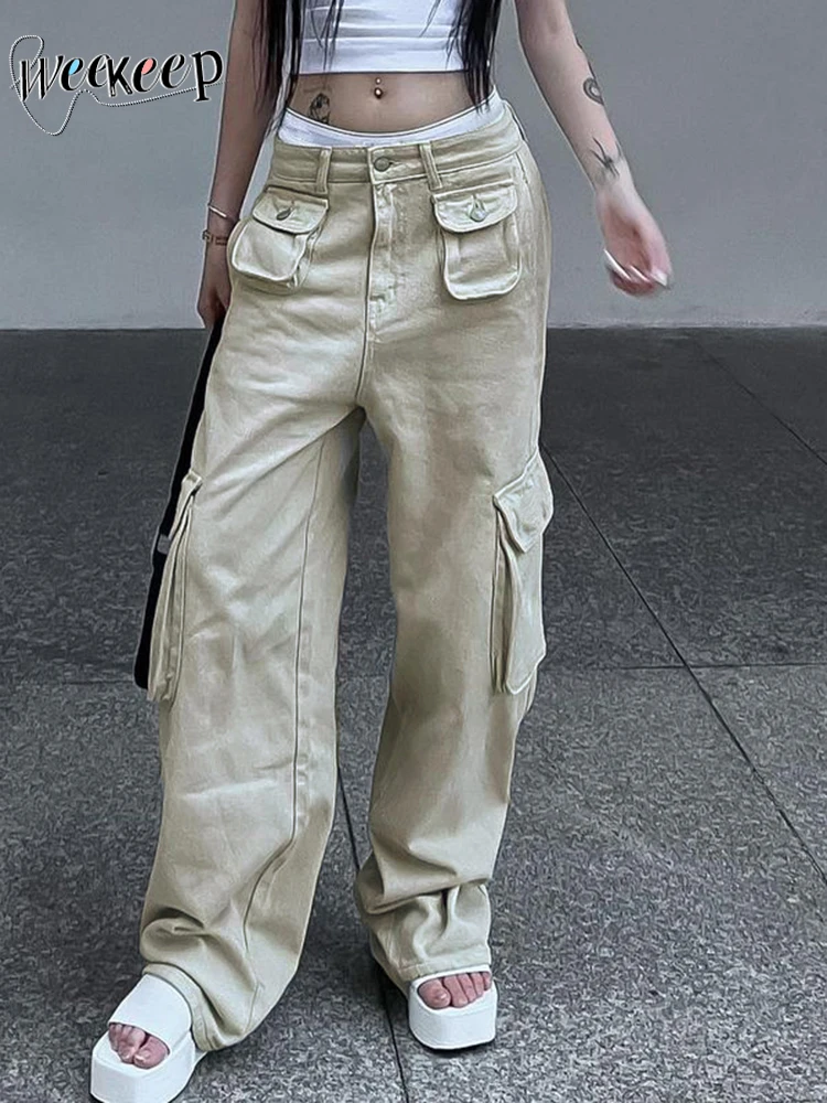

Женские джинсовые брюки-карго Weekeep, повседневные мешковатые брюки цвета хаки с карманами и низкой посадкой, в винтажном стиле пэчворк, y2k