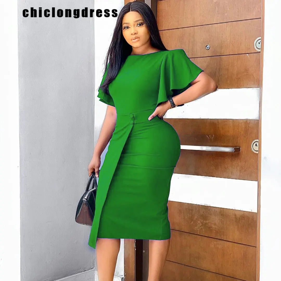 

Autumn Summer Elegant Slim Dress Women Office Ladies Ruffle Short Sleeve Pencil Dress Women