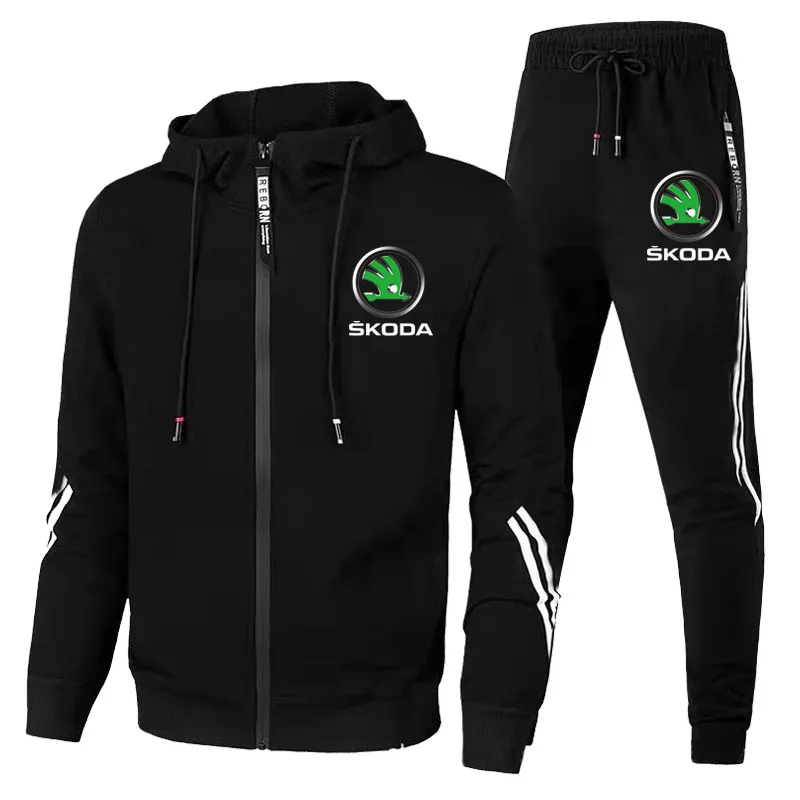 

2022 new spring and autumn menswear SKODA logo printed cotton menswear casual Hoodie suit jacket + trousers two-piece suit