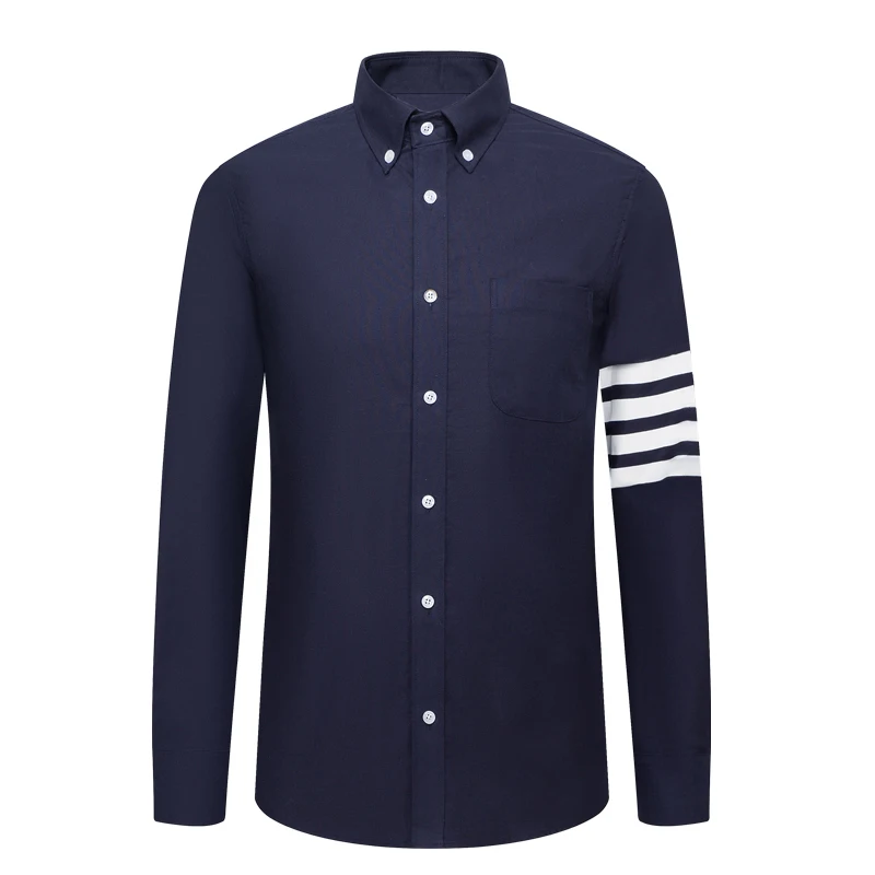 TB THOM Men's Shirt Navy Fashion Top Brand 4-Bar White Stripes Casual Oxford Fine Cotton Long Sleeve High Quality Women's Shirts
