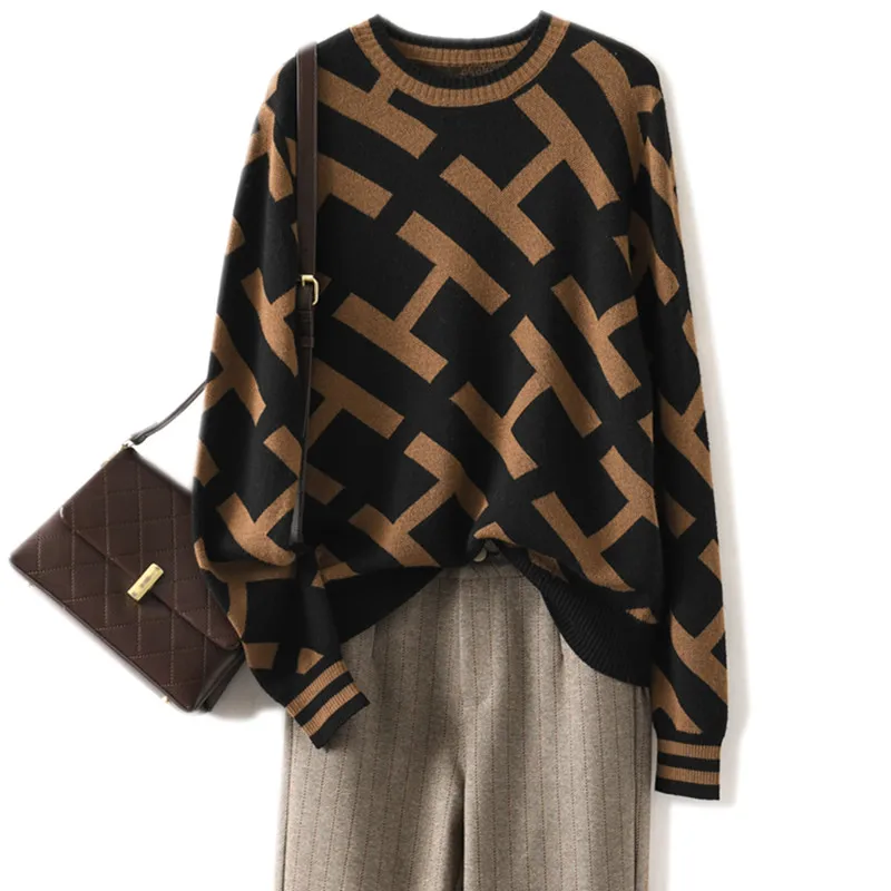 

Women's Pullover Elegant Fall/Winter 100% Wool Sweater Long Sleeve Casual Loose Ladies Tops Overside Crew Neck Letter Knitwear