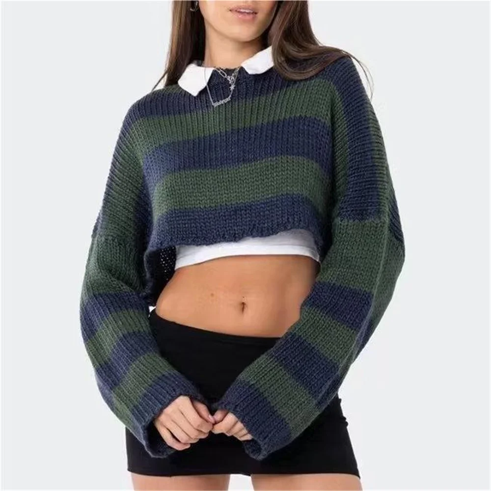 

Fall Fashion Cropped Sweater Vintage Cute Sexy Green Striped Sweater Korean Long Sleeve Top Korean Knit Crop Pullover Loose