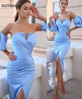 long satin mermaid prom dresses short puff sleeves strapless pleats front split 2022 evening party gown tea length party dresses