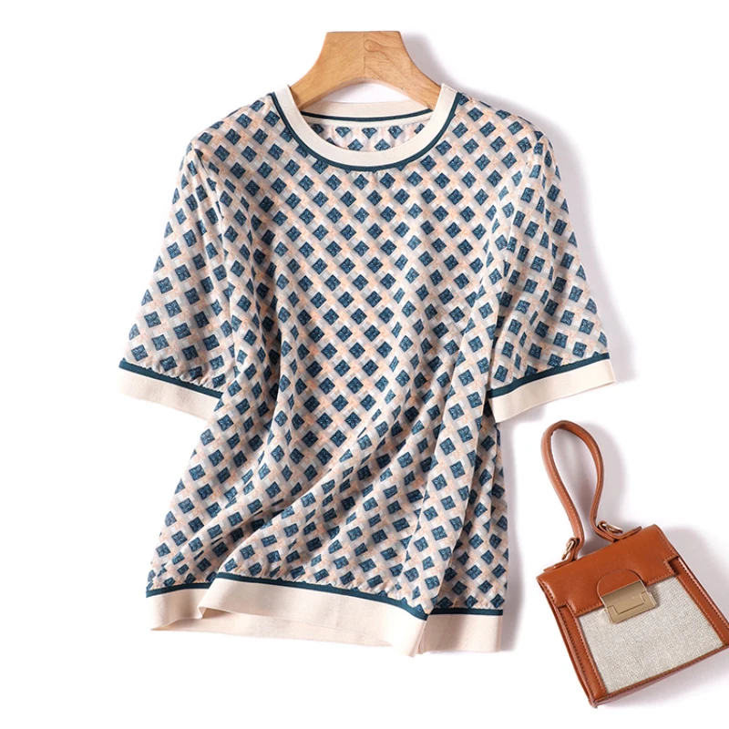 

Silk Women's T-shirt Summer 2023 New Plaid Printed Loose Satin Tees Short Sleeves Top Ladies O-neck Patchwork Clothing YCMYUNYAN