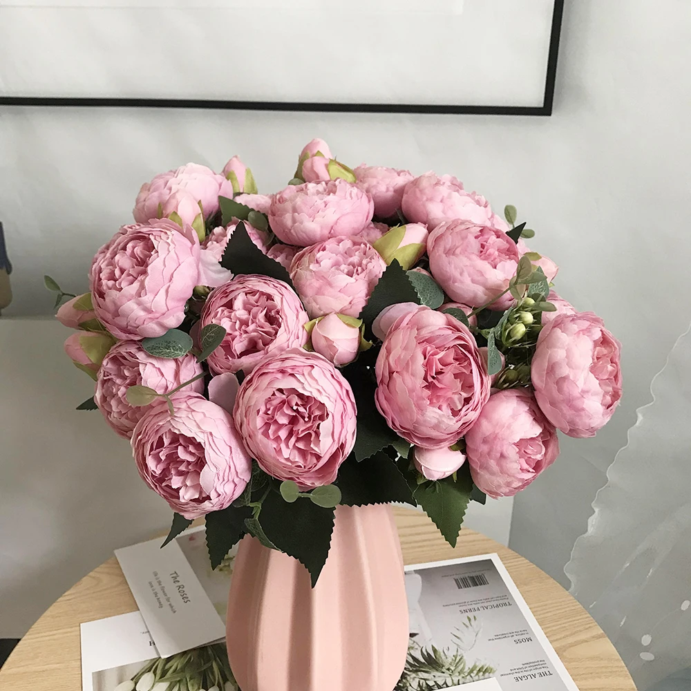 

30cm Rose Pink Silk Bouquet Peony Artificial Flowers 5 Big Heads 4 Small Bud Bride Wedding Home Decoration Fake Flowers Faux