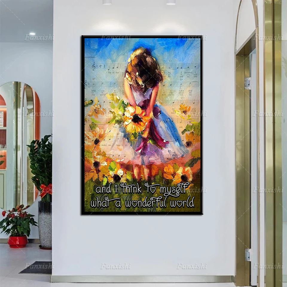 

Wonderful World Vintage Girl Art Poster, Flower Abstract Wall Art Prints, Garden Wall Decor, Flower Wall Decor Canvas Painting